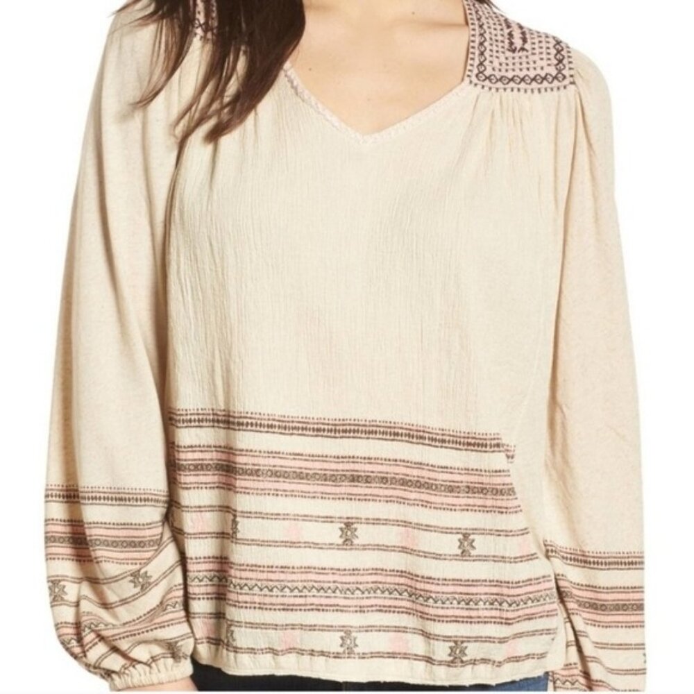 LUCKY BRAND BOHO PEASANT TOP KNIT & GAUZE BEIGE EMBROIDERED M NWOT